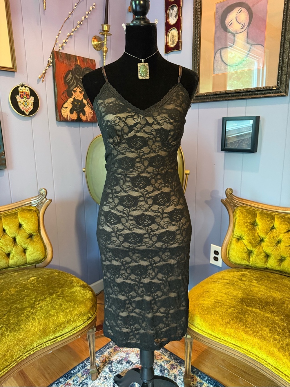 Vintage 90s Fumblin Foe Black Lace Overlay Goth Whimsigoth Midi Dress Size M